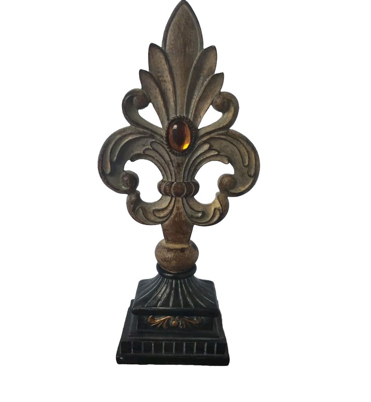 Vtg Bronze Gold Fleur De Lis Acanthus Leaf Floral Carved Sculpture w Gem Stone