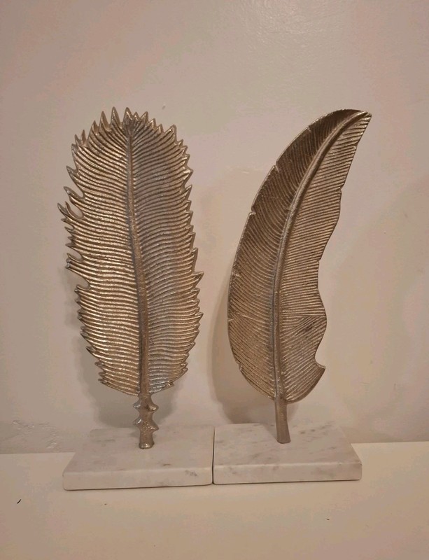Set/2 Artisan 15″ Metallic Metal W/Marble Base Leaf Shaped Mantle Decor Display
