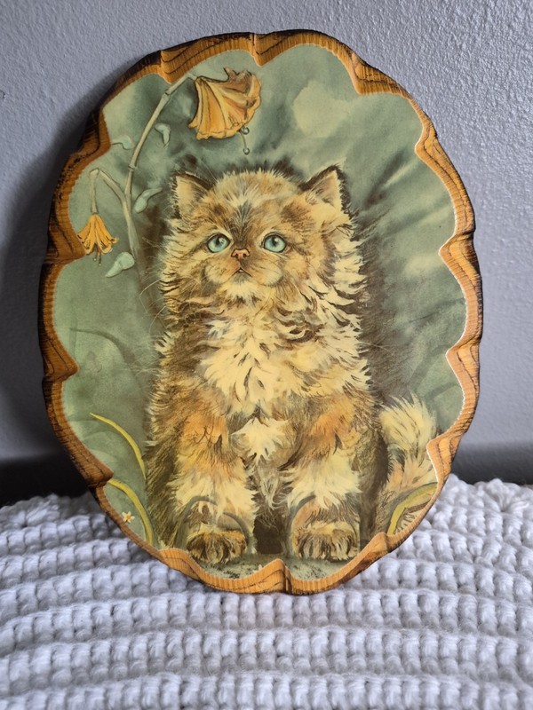 Vintage Lacquered Wall Plaque Cat Kitten Kitsch Picture Blue Eyed Wavy Edge Wood
