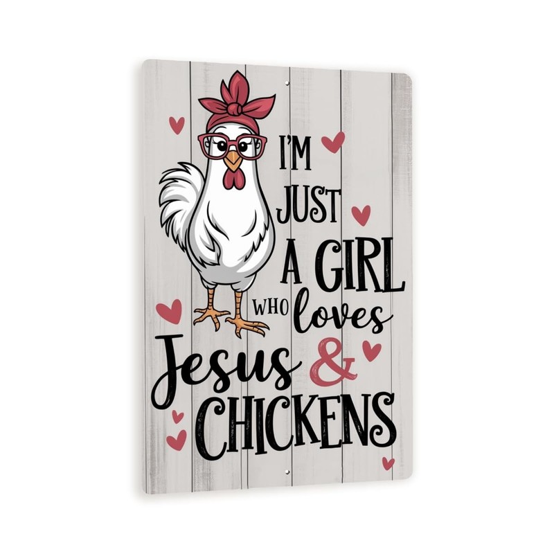 Girl Loves Jesus Chickens 8×12 Metal Sign Farmhouse Rooster