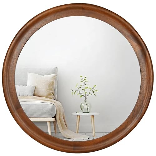 Round Wall Mirrors 24 Inch,Wood Rustic Decorative 24″L x 24″W Walnut Brown