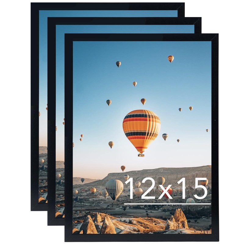 12X15 Black Picture Frame Set of 3, Horizontal and Vertical Formats for Wall Han