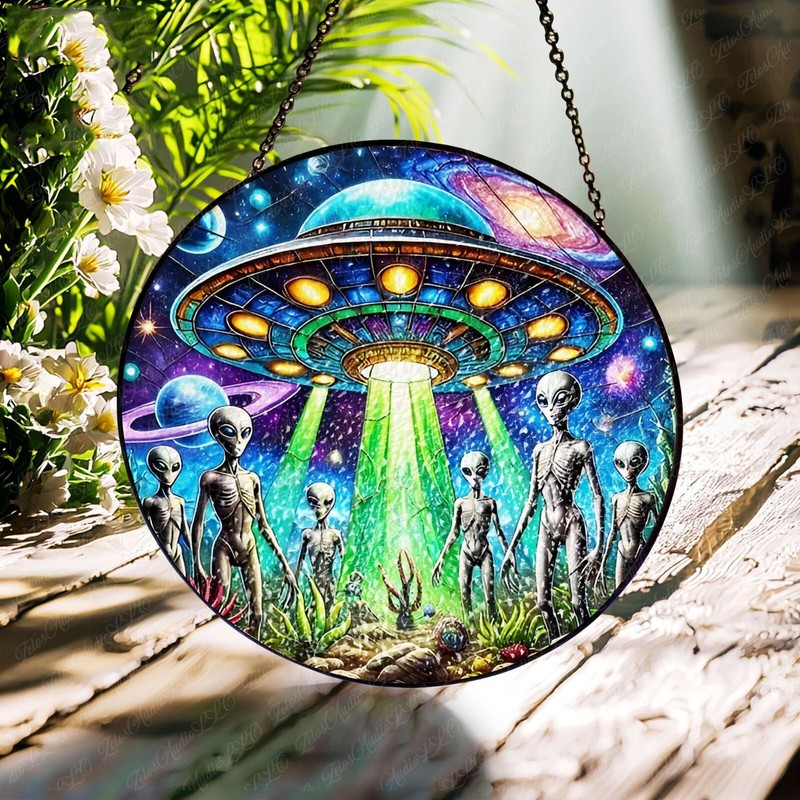 UFO Alien Abduction Stained Glass Suncatcher, Sci-Fi Decor, Gift For Alien Lover