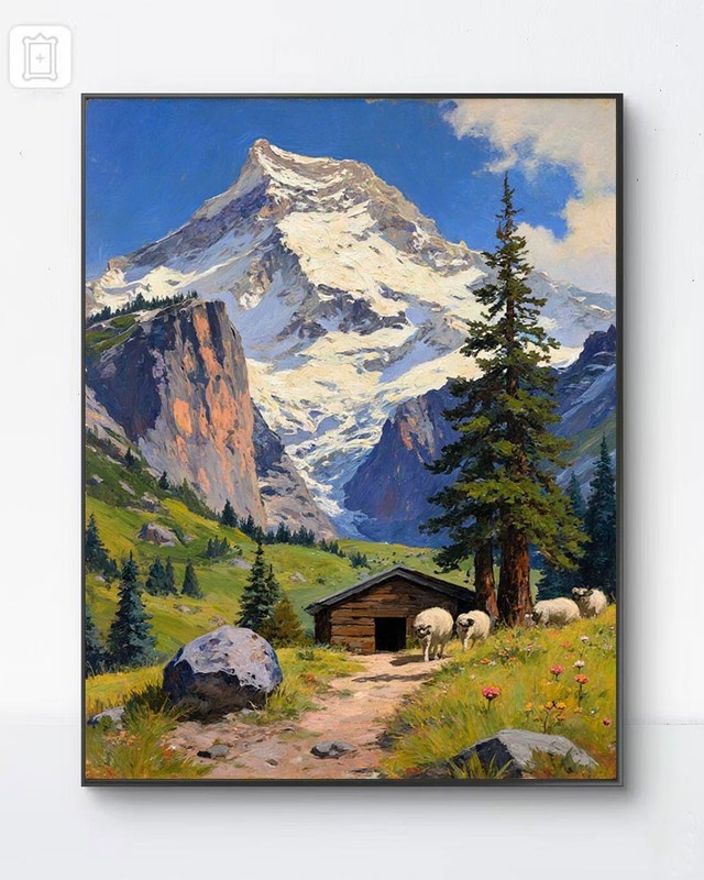 Handmade Oil Painting Alpine Mountain Landscape Wall Art Sheep Cabin Framed