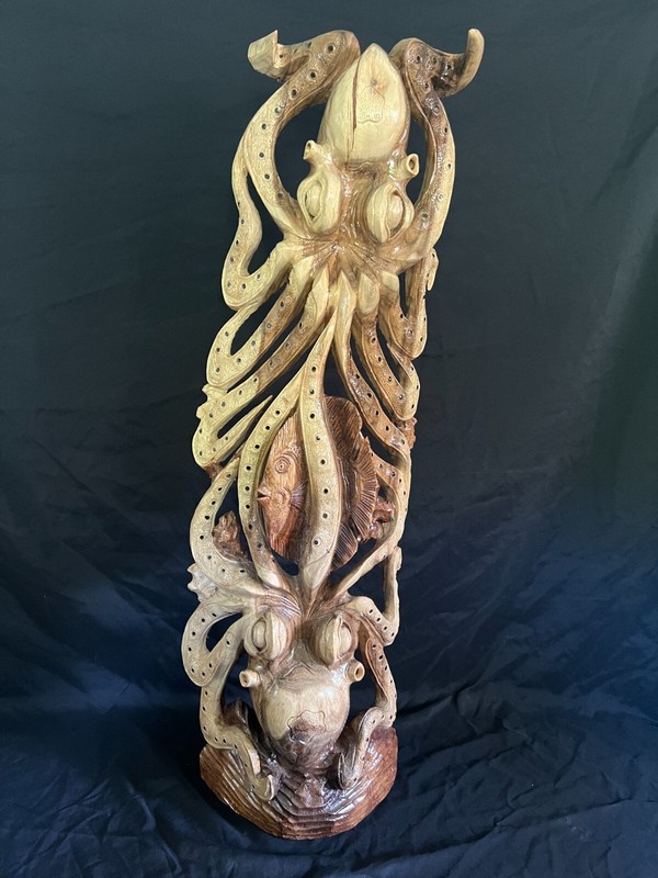 2 Octopus Fighting For A Fish Wood Sculpture/Carving, Entirely Hand Carved