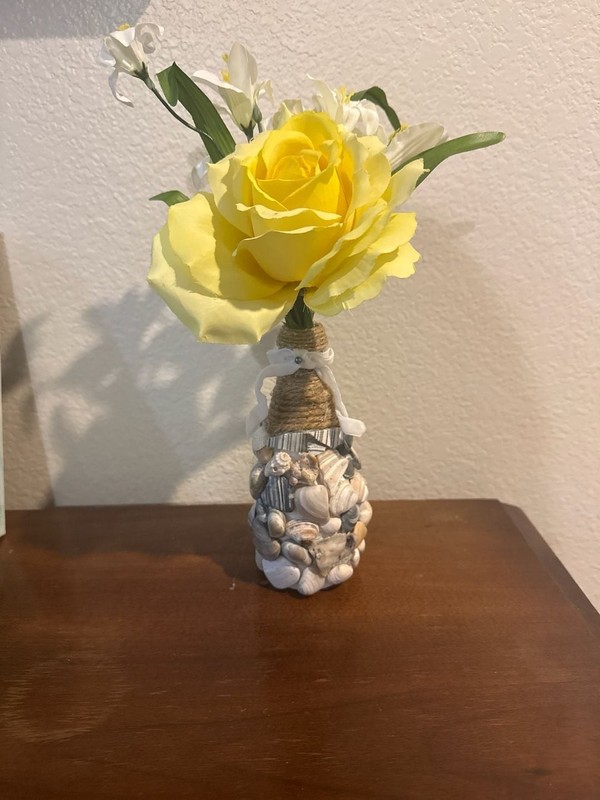 Handcrafted Sea Shell Jute Wrapped Bud Vase Artificial Removable Flowers. Remova