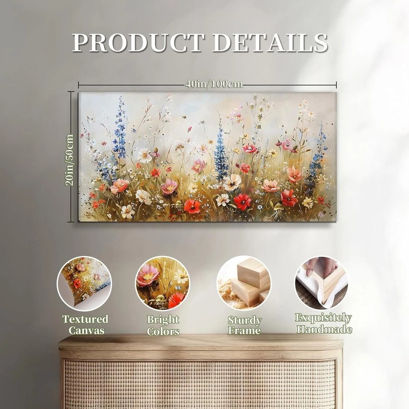 Rustic Floral Wall Art 20x40" Textured Canvas - Modern Cottagecore Decor gallery