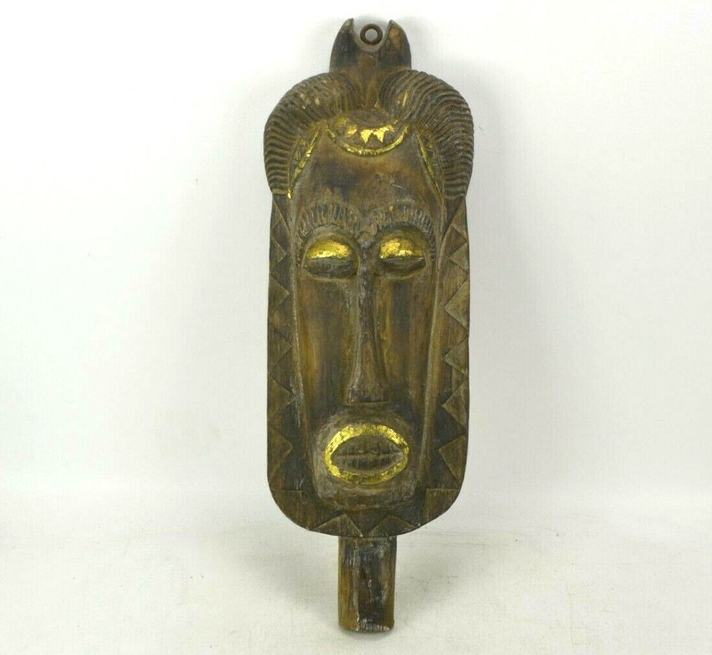 Tribal Mask Folk Art Carved Wood Aged Distressed Wall Hanging 20″ Tall Indonesia
