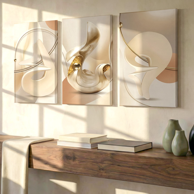 3 Pieces Abstract Sculptural Forms Neutral Tones Large Wall Art for Set Of 3 gallery