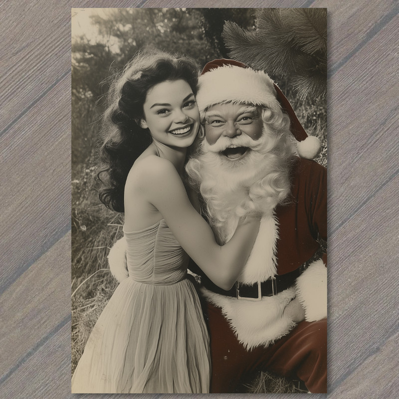 Art Print Santa Claus Young Woman Festive Laughing Retro Look Fun Holiday Photo