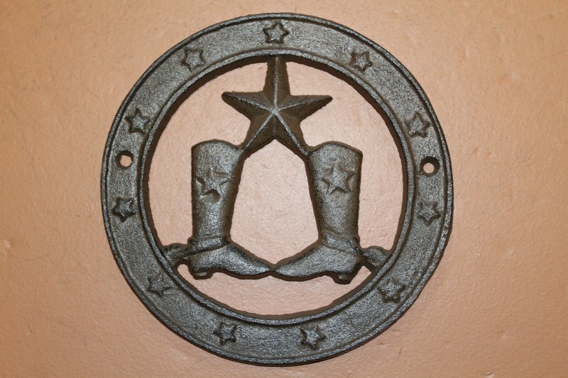 Western Style Cast Iron Plaques Texas Longhorn Cowboy Rodeo Barn Horse Design gallery