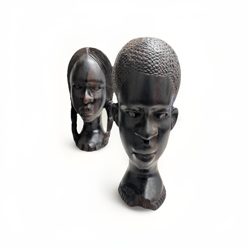 Pair Hand-Carved Wooden Bust Sculptures Male Female Figurative Art gallery