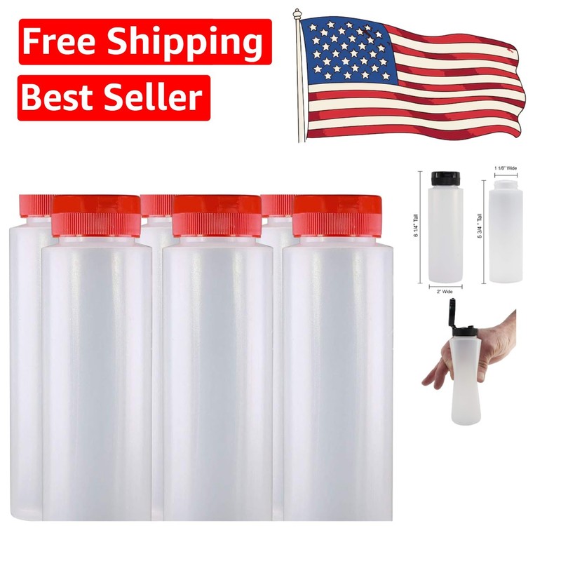 Reusable 8 oz Plastic Squeeze Bottles with Flip Top Cap – Set of 6 for Sauces