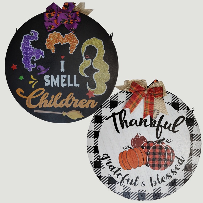 Reversible Hanging Wood Sign Round Rustic Double‑Sided Home Decor 11-3/4 in.D