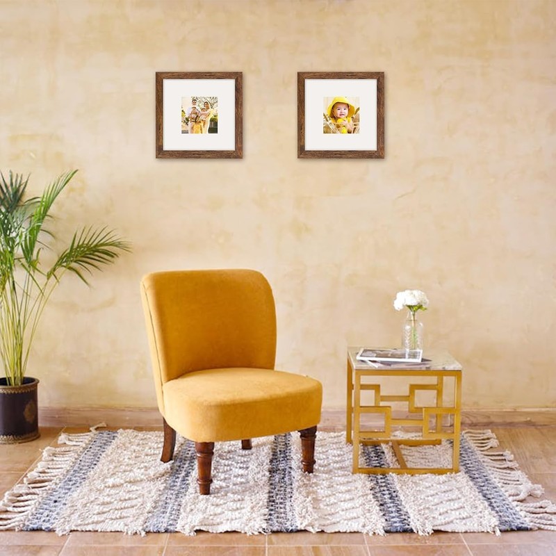 Brown 8x8 Frame with Mat for 4x4 Display, Desk Wall Square Photo Frame for Horiz gallery