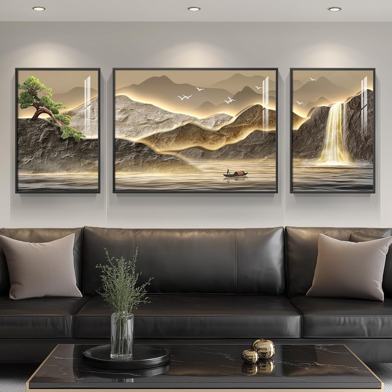Framed 3-Piece Mountain Wall Art – Luxury Pine Tree & Waterfall Decor