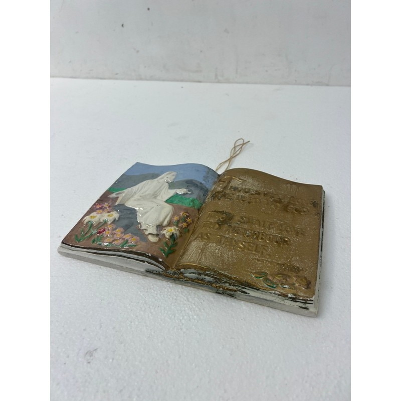 Vintage Hand Painted Ceramic Jesus Book Wall Plaque Scripture Religious Art 6x9 gallery