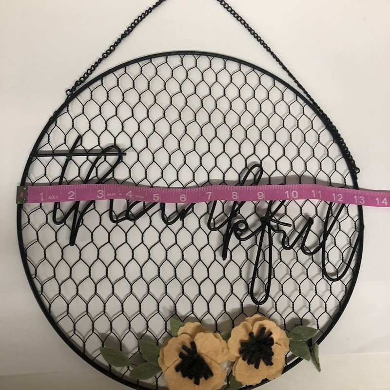 13” Black Round Metal Wall Hanging Art Sign Word THANKFUL on Chicken Wire Grid gallery