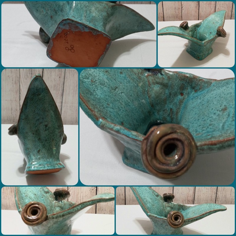 Handmade, Aqua Green Sculpture Art Piece Planter, Conversation Piece. Red Clay gallery