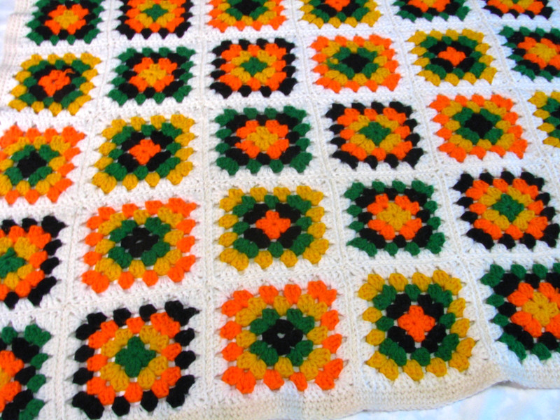Granny Square Hand Crocheted Afghan Throw Blanket Orange Green White 45″ x 59″