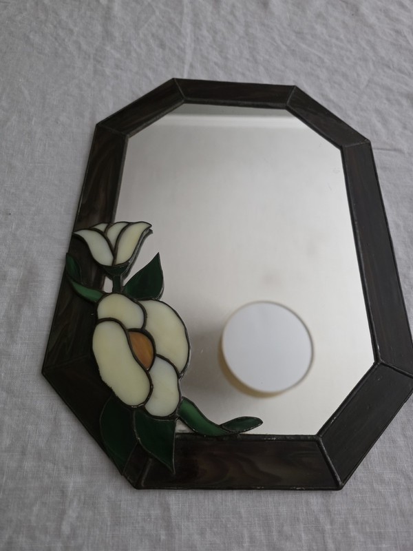 Vintage Floral Stained Glass Frame Mirror Flowers Cottage Flower 14 X 10