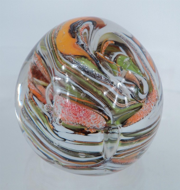 Vintage Round Glass Paperweight – 2.25″ – White, Orange & Green Swirls