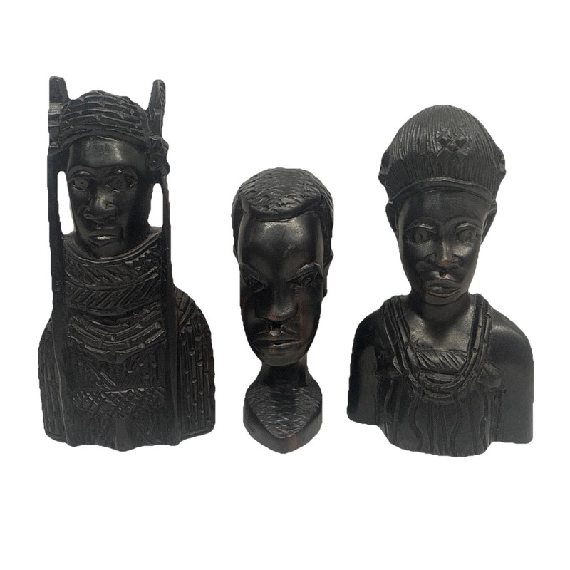 Hand Carved Ebony Wood African Bust Sculptures Tribal Art Decor Set of 3 Vintage