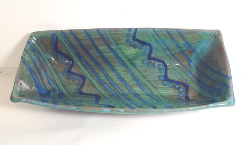 Green & Blue CERAMIC TRAY Rectangle Bowl Decorative Earthworks Barbados Red Clay