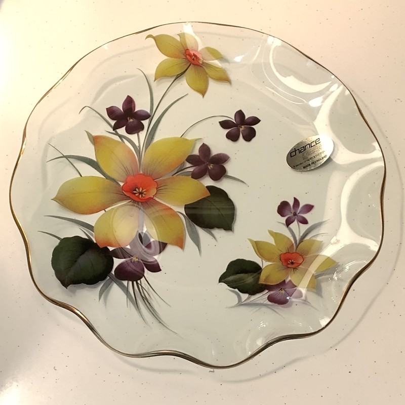 Clear Glass Hand Painted Floral Anemone Fluted Gold Trim – Vtg Chance Pilkington