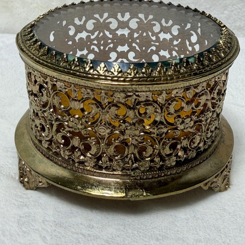 VTG Gold Filigree Jewelry Box Beveled Glass Hinged Lid Velvet Lining Round