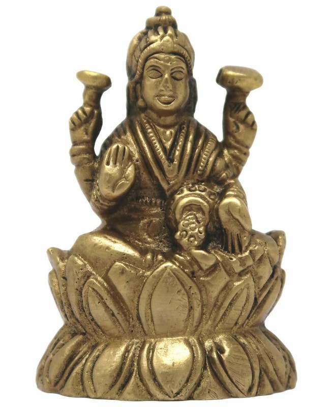 Brass Goddess Laxmi Lakshmi Seated on Lotus Idol Figurine Statue 5.5″