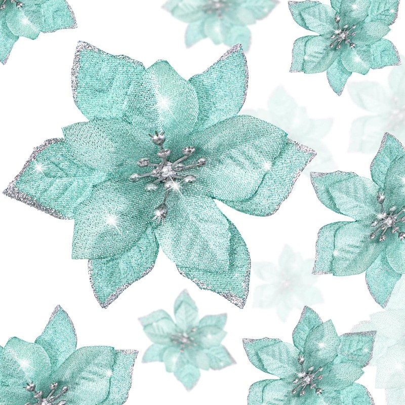 24 PCS Blue Green Glitter Poinsettia Clip-On Ornaments Christmas Tree Decor