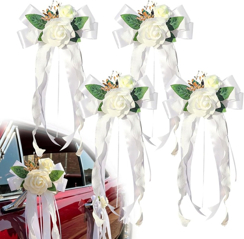 4PCS Wedding Car Door Handle Decorative Flowers, White Artificial Cars Bouquet F