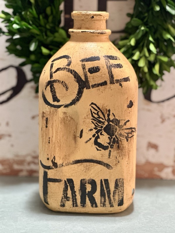 Handpainted "Bee Farm" Farmhouse/Rustic 1/2 Gallon Glass Milk Bottle 10"