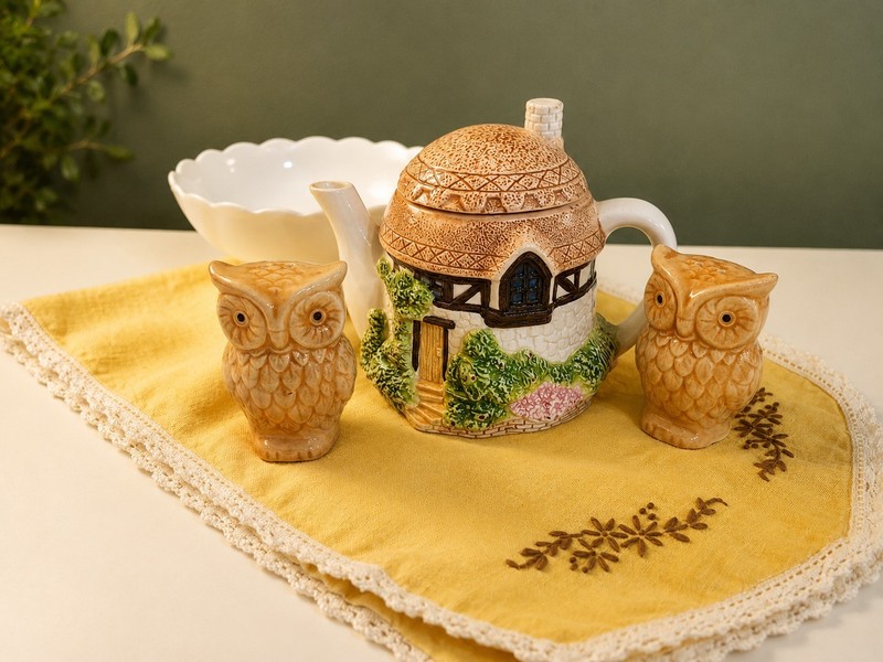 Vintage Cottagecore Decor Bundle Owl S&P Teapot Cottage Vase Bowl Doily Lot