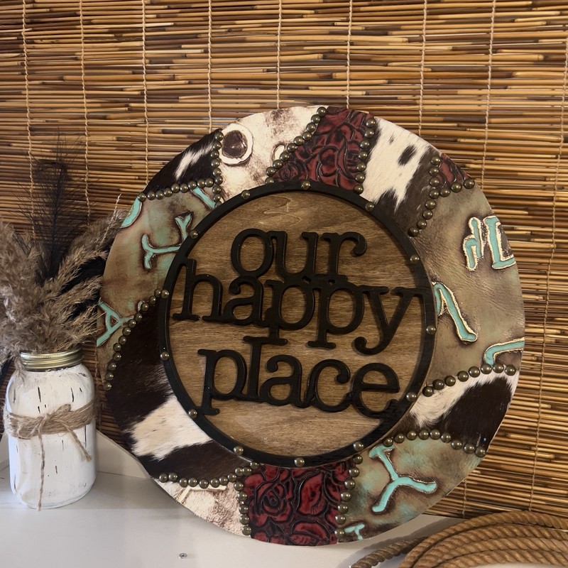 Rustic Wood Round Decorative Leather Wall Hanging Our Happy Place Hair On The Hi