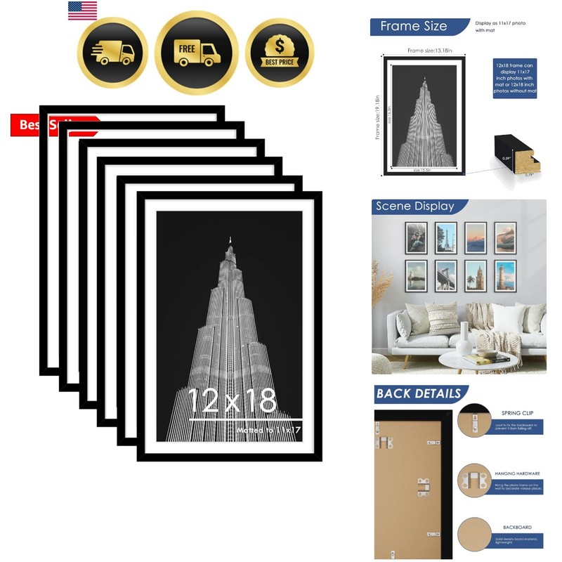12×18 Picture Frame Set of 6, Display Pictures 11×17 with Mat or 12×18 withou…