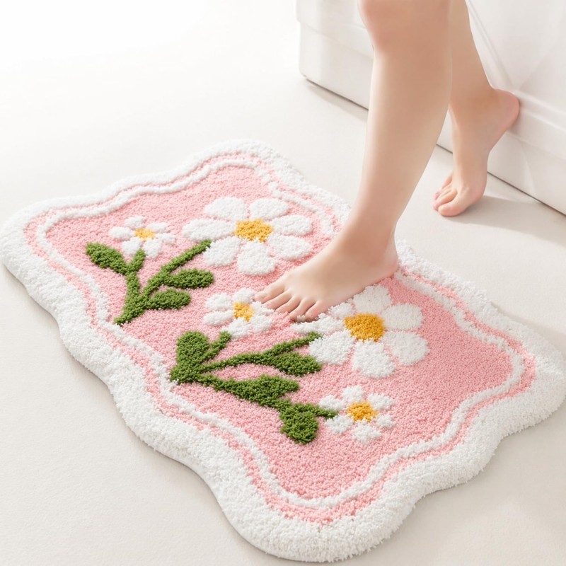 Cute Floral Bath Mat 32″ x 20″, Spring Bathroom Rug with High-Low Tufted Flower