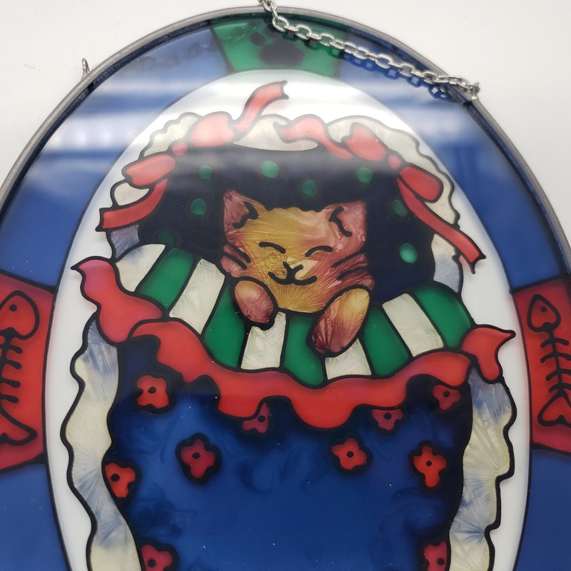 Vintage Joan Baker Stained Glass Cat in Peeking Apron Hand Painted 6484 gallery