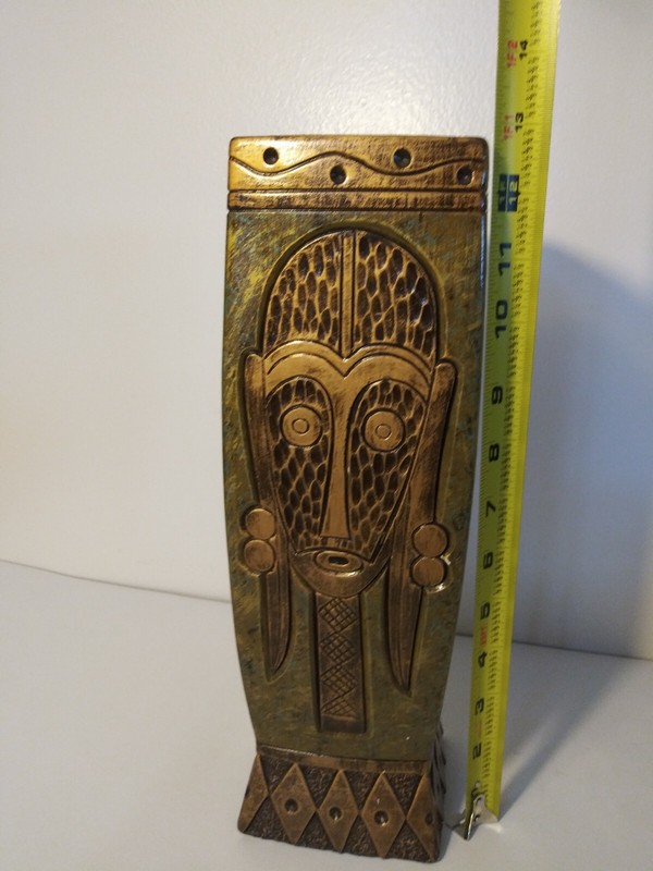 African Style 12 3/4 inch Pier One Import Vase in Brushed Gold and Green Tones