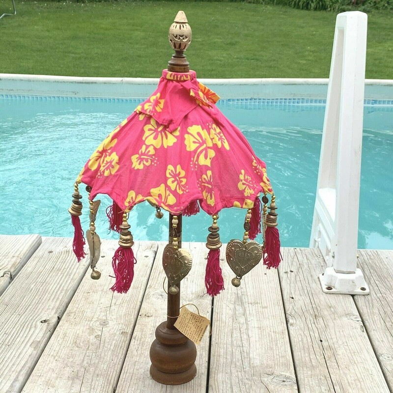 Bali Umbrella Fabric Parasol Mini Balinese Decor Woven Dangle Carved Wood Choice