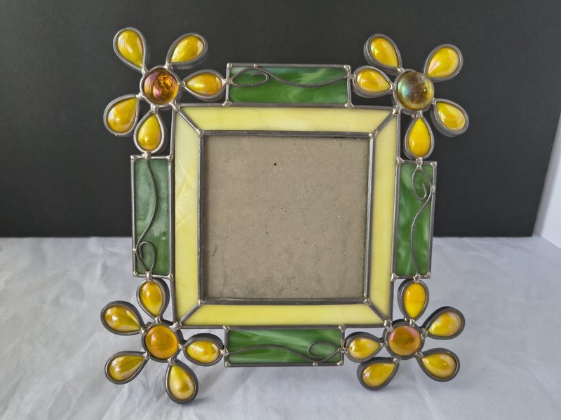 Vintage Yellow Daisy Stained Glass Tabletop Picture Frame Mission Arts Crafts