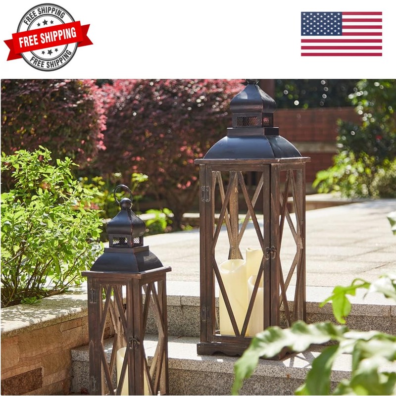Farmhouse Lanterns Decorative Indoor, 2 Pack Wood/Metal Decorative Candle Lan…