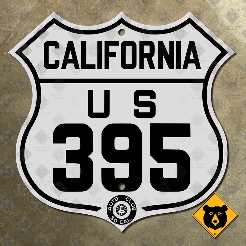 California ACSC US Route 395 highway road sign auto club Owens Mono Lake 16×15