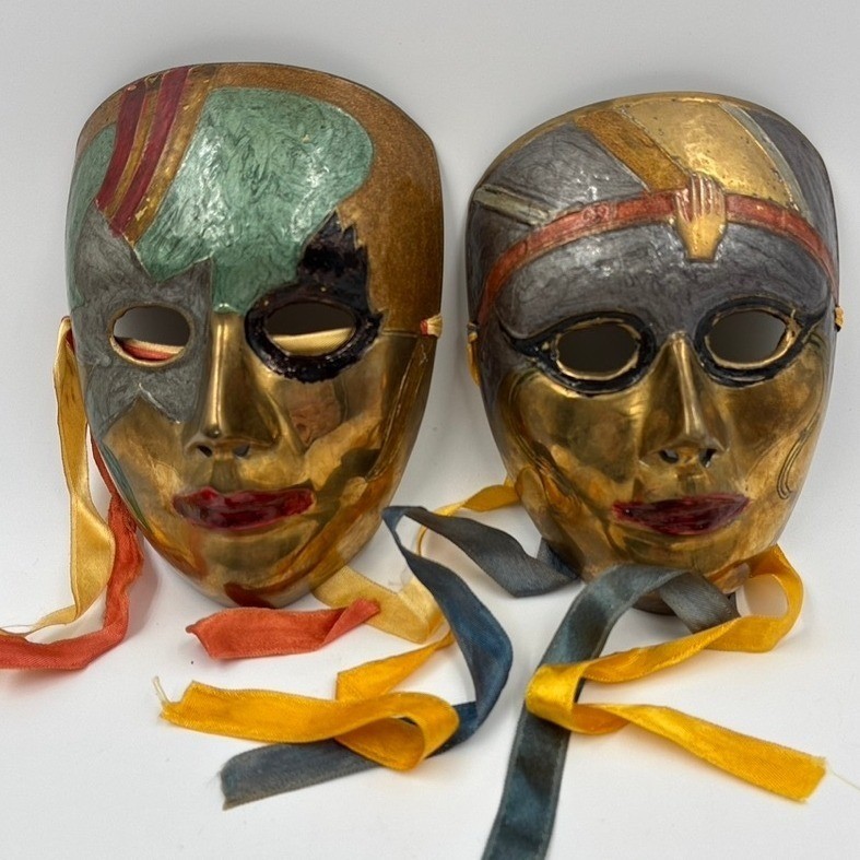 Vtg Set of 2 Brass Theater Masks Wall Hand Painted Enamel Made in India 6.5in