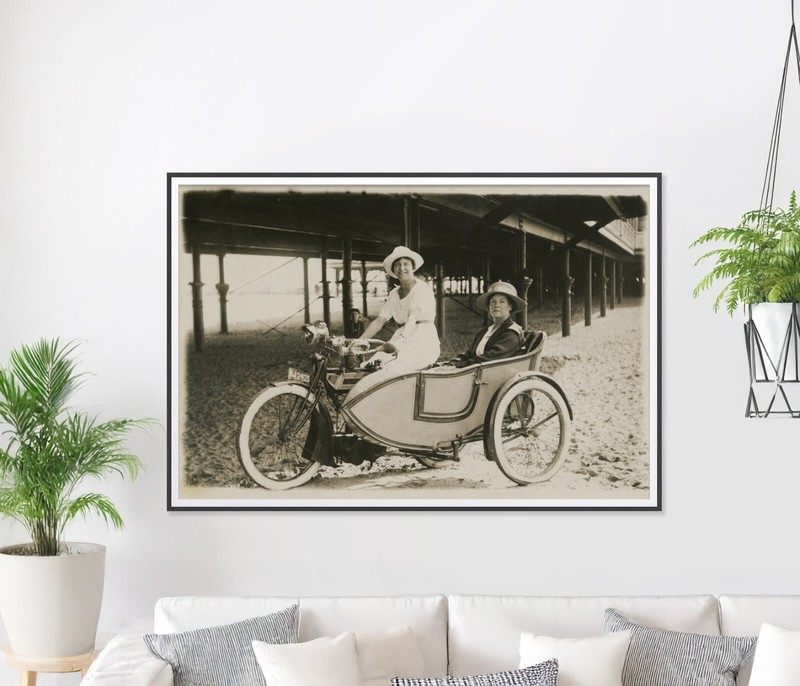 Vintage Sidecar Motorcycle Photo Print – Antique Women Biker Wall Art – Retro