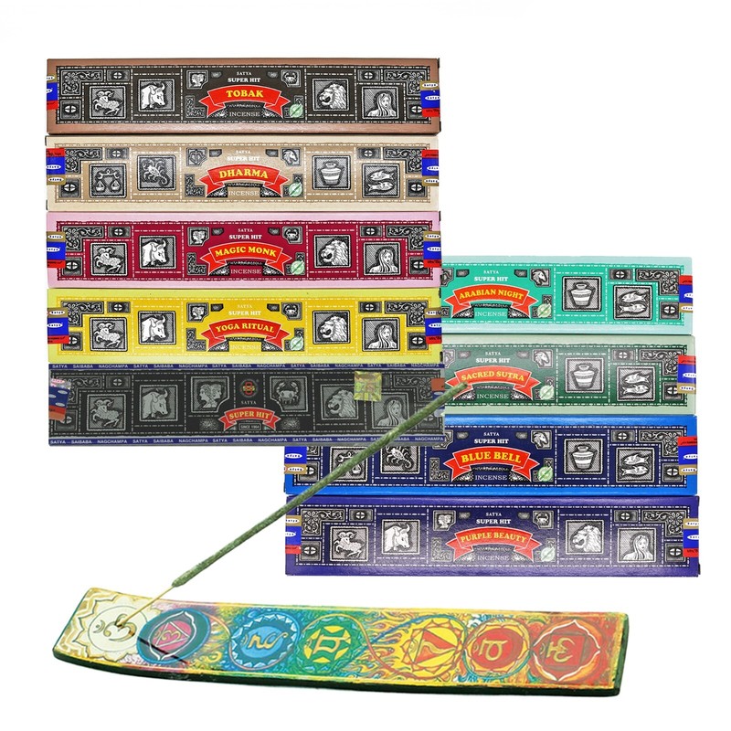 Satya Super Hit Incense Sticks Assorted Variety Pack Bundle with Incense Burner