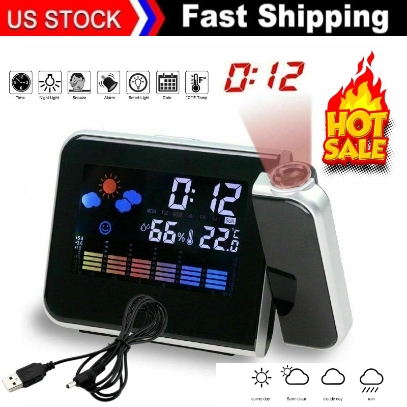 LED Projection Alarm Clock Digital Clock Projector Temperature Display Snooze~