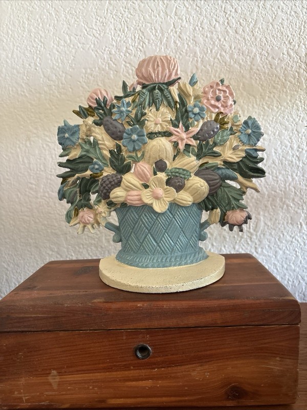 VTG Cast Iron Flower Bouquet Doorstop 8” Blue Pink