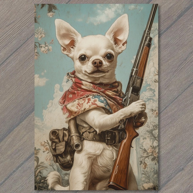 Art Print Chihuahua Dog Rifle Gun Wearing Armor Ready For Battle Funny Strange